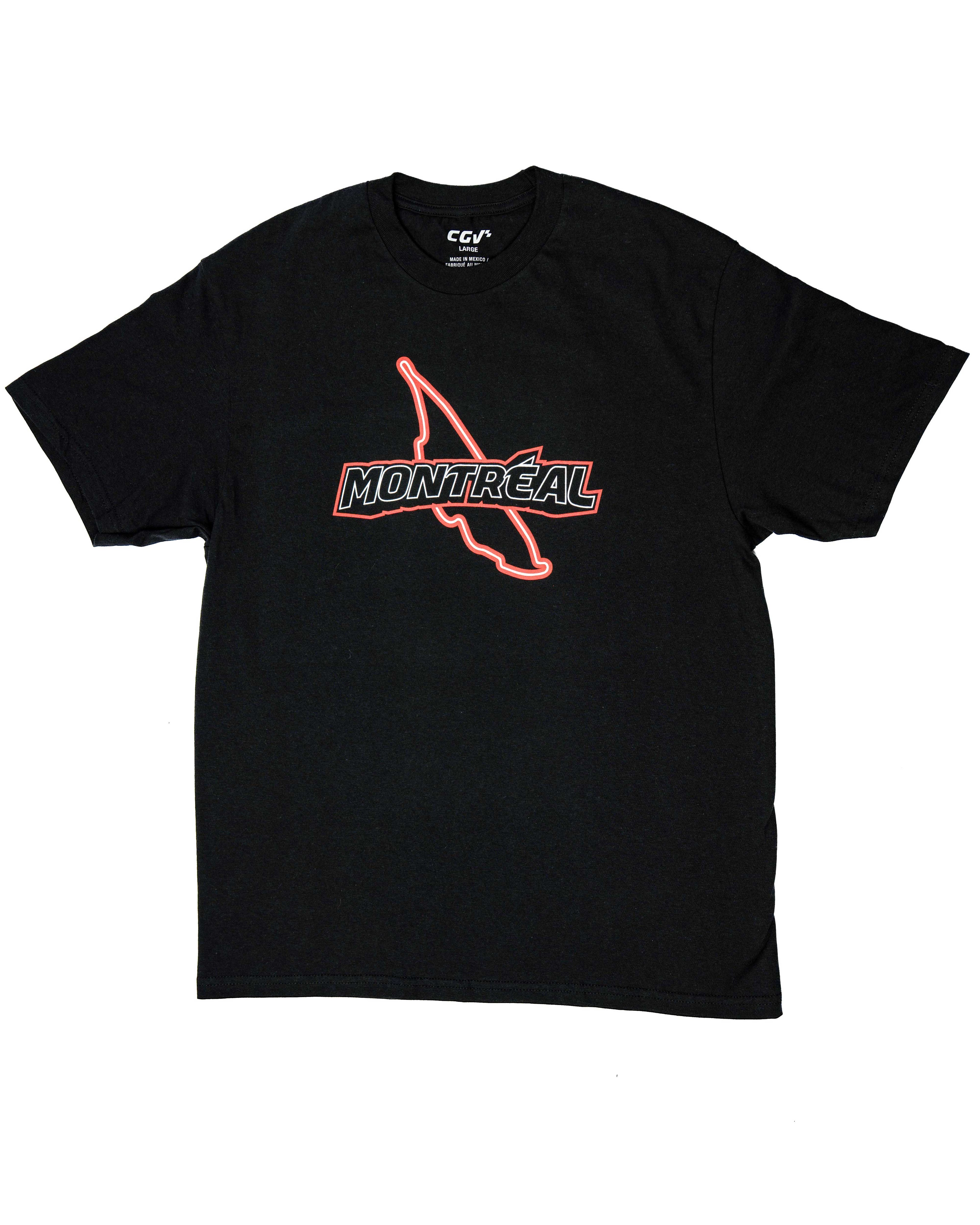 T-shirt noir à plat, côté avant visible, affichant un motif de course stylisé et le mot Montréal.