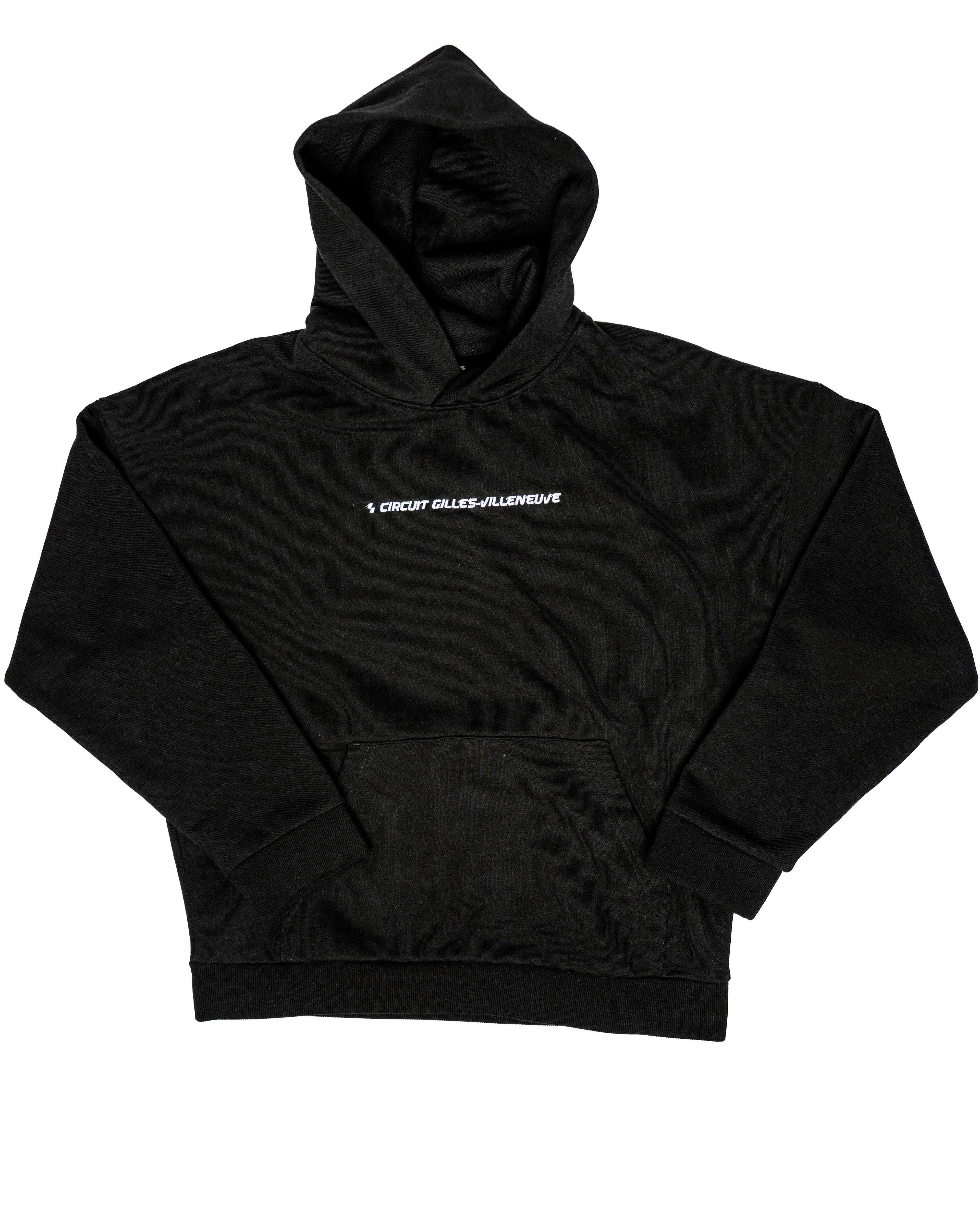 Hoodie noir ‘Salut Gilles’ à plat, côté avant visible avec broderie discrète sur la poitrine.