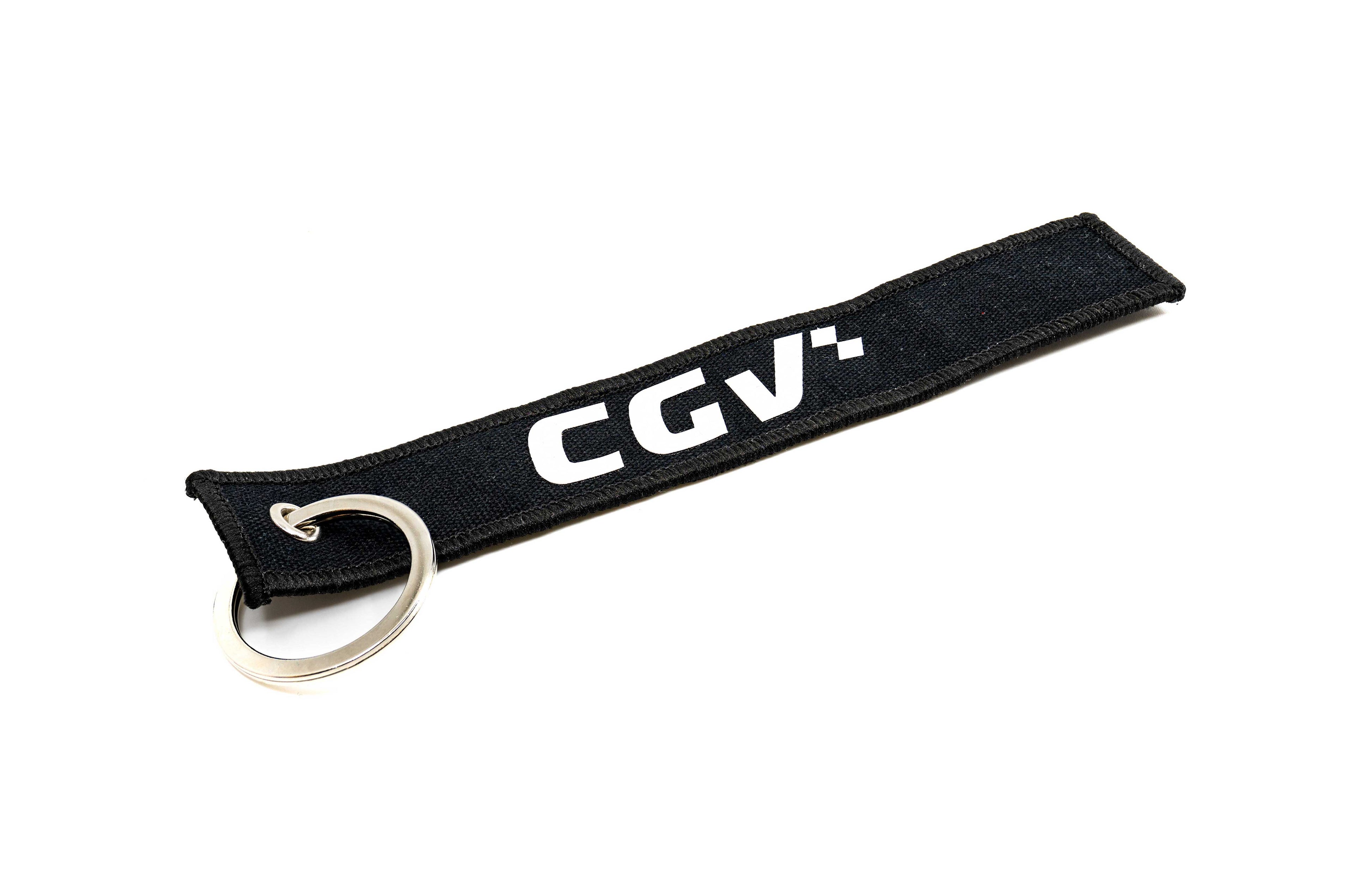 Porte-clés CGV noir à plat, logo blanc centré.