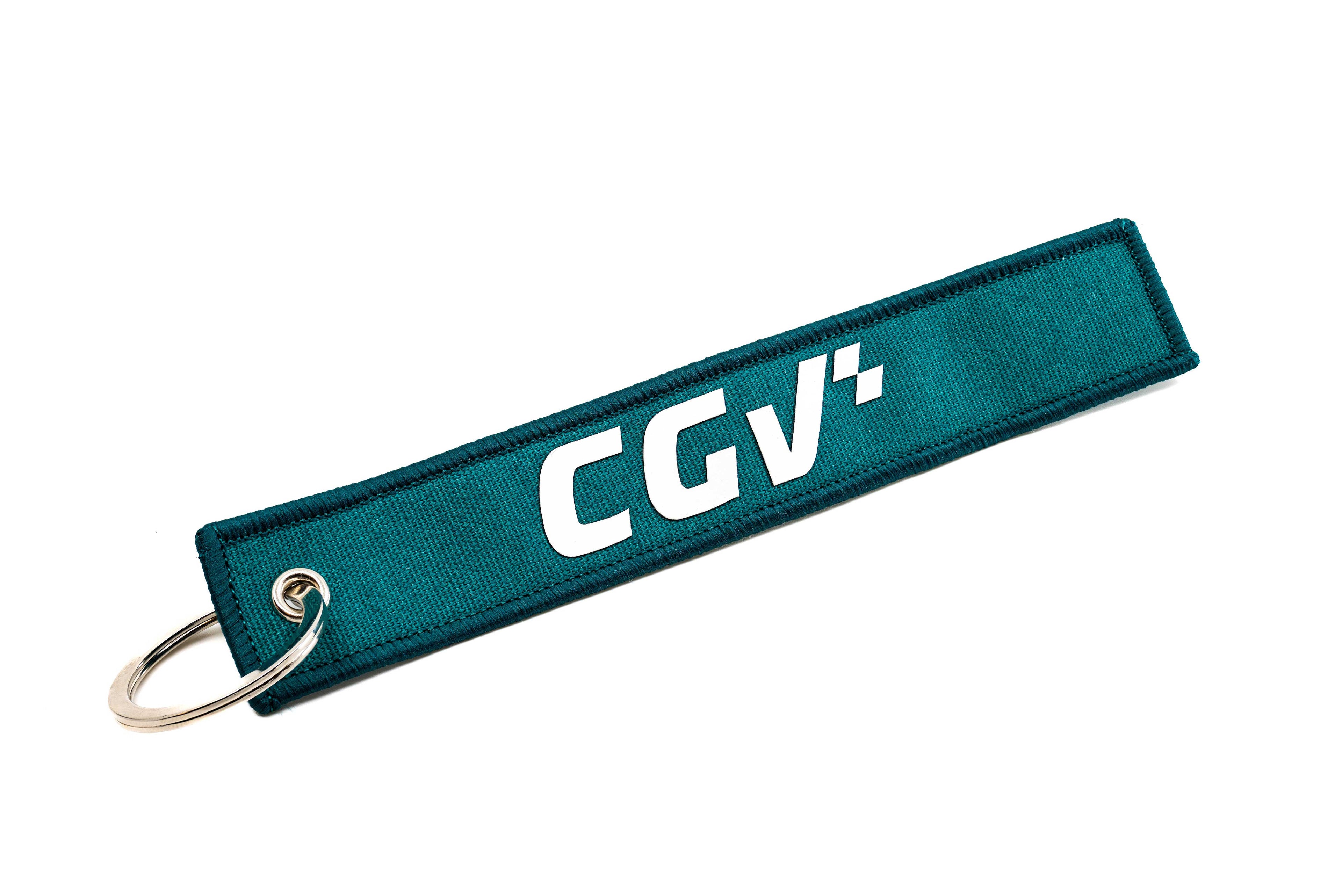 Porte-clés CGV sarcelle à plat, avec logo blanc et finition soignée.