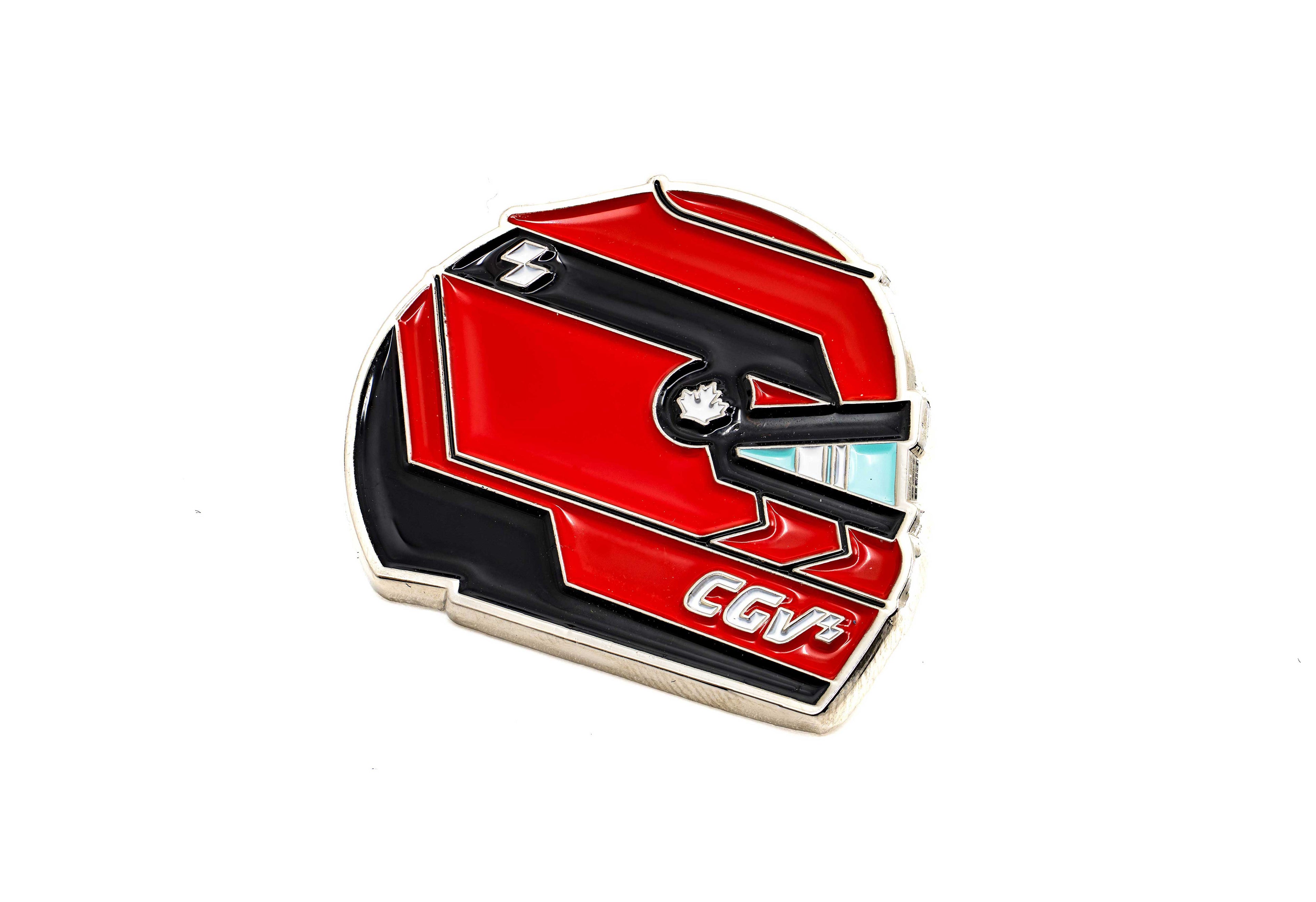 Pin en forme de casque de course rouge CGV avec détails noirs.