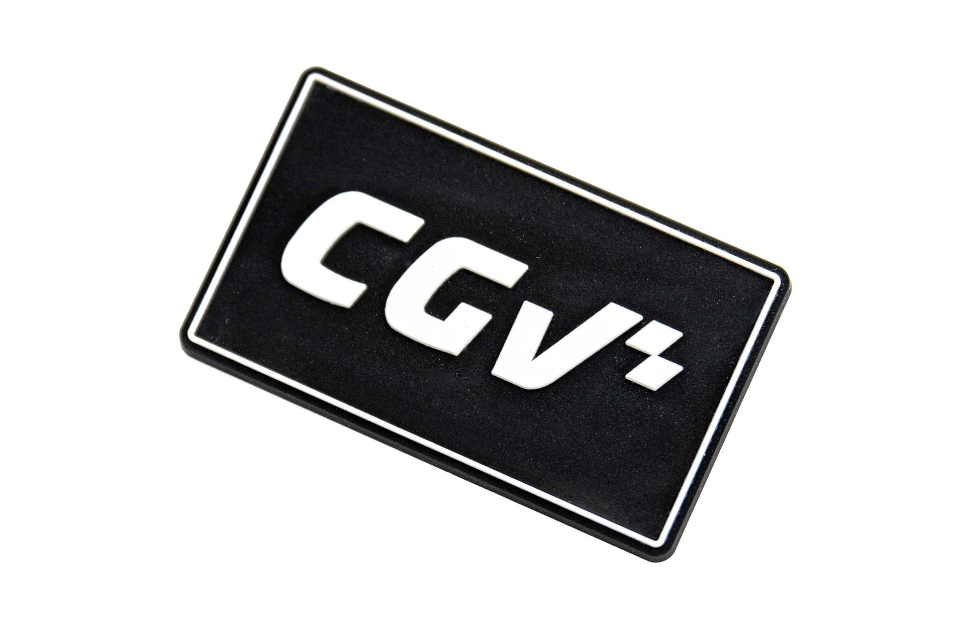 Aimant CGV noir à plat, format rectangulaire avec logo en blanc.