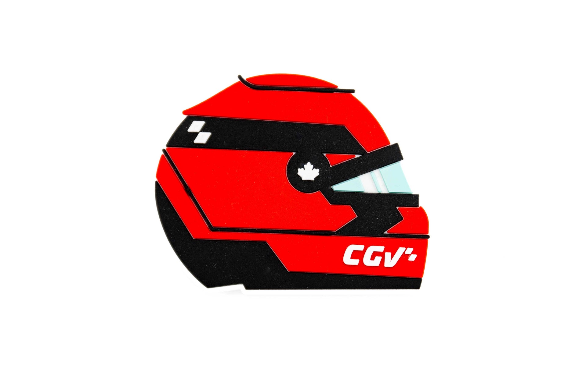 Aimant en forme de casque de pilote rouge et noir avec logo CGV, vu de côté.