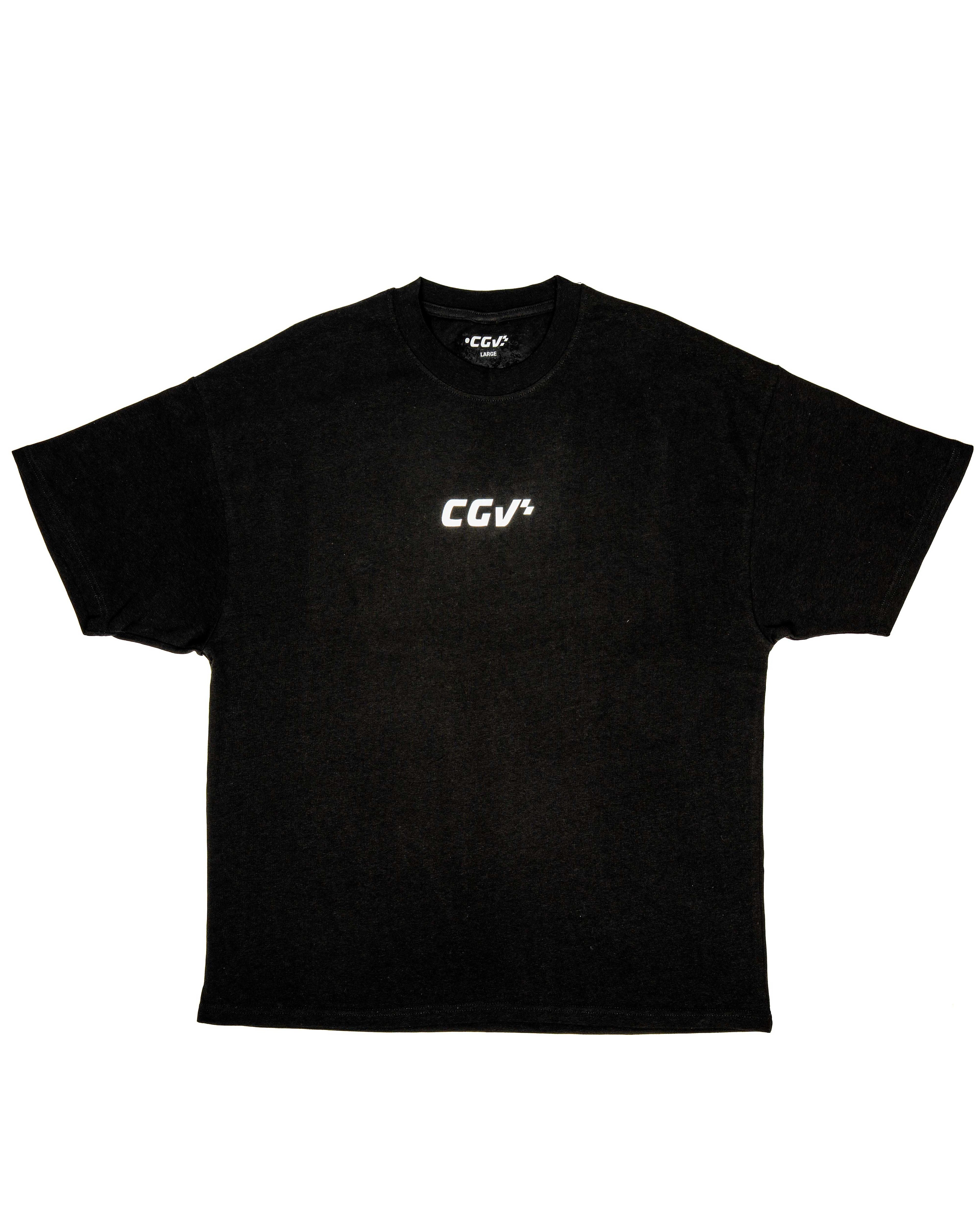 T-shirt noir à plat, côté avant, avec petit logo minimaliste au centre de la poitrine.