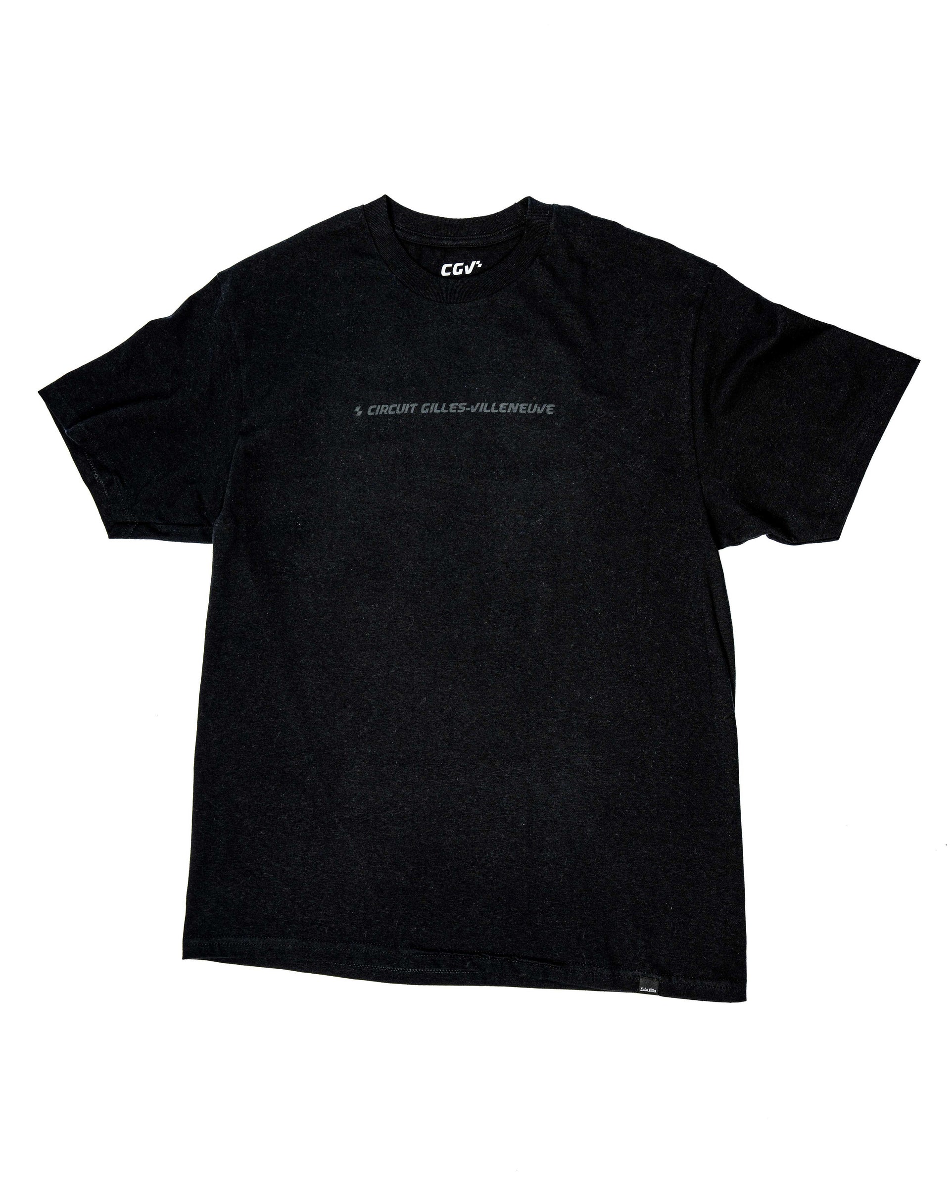 T-shirt noir à plat, vue arrière, mettant en évidence le tracé stylisé du circuit montréalais.