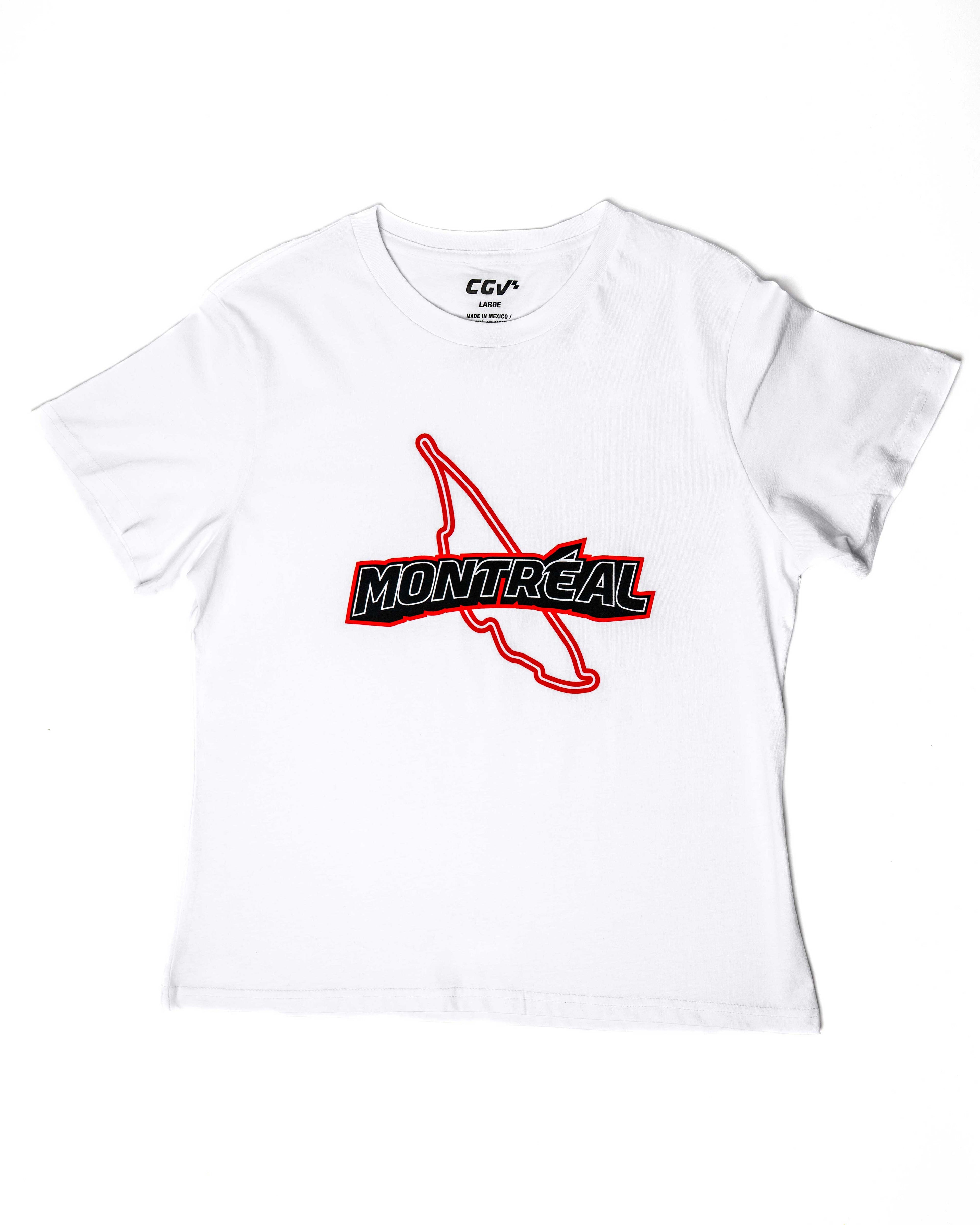 T-shirt blanc à plat avec illustration de voiture de course rouge et lettrage Montréal au centre.