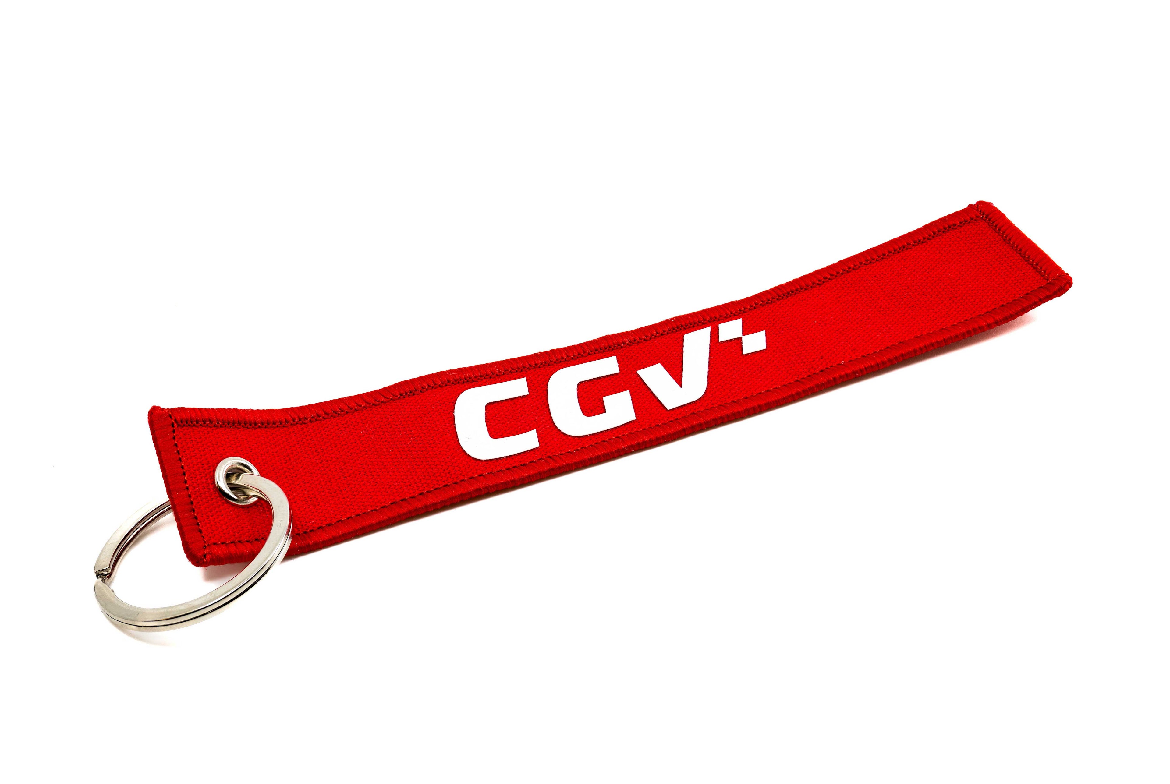 Gros plan sur un porte-clés CGV rouge en tissu avec anneau.